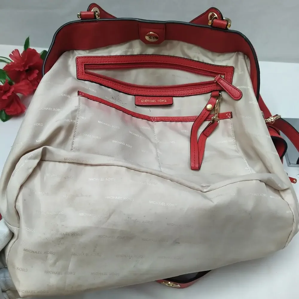 Michael Kors Brooklyn Red Leather Tassel Double Handle Satchel Shoulder Bag